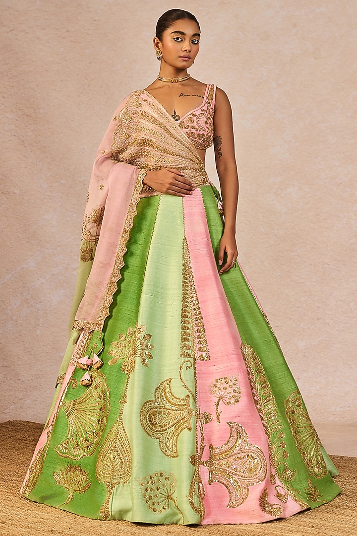 Pink & Green Raw Silk Paankh Bagh Motif Embroidered Bridal Lehenga Set by Masaba at Pernia's Pop Up Shop