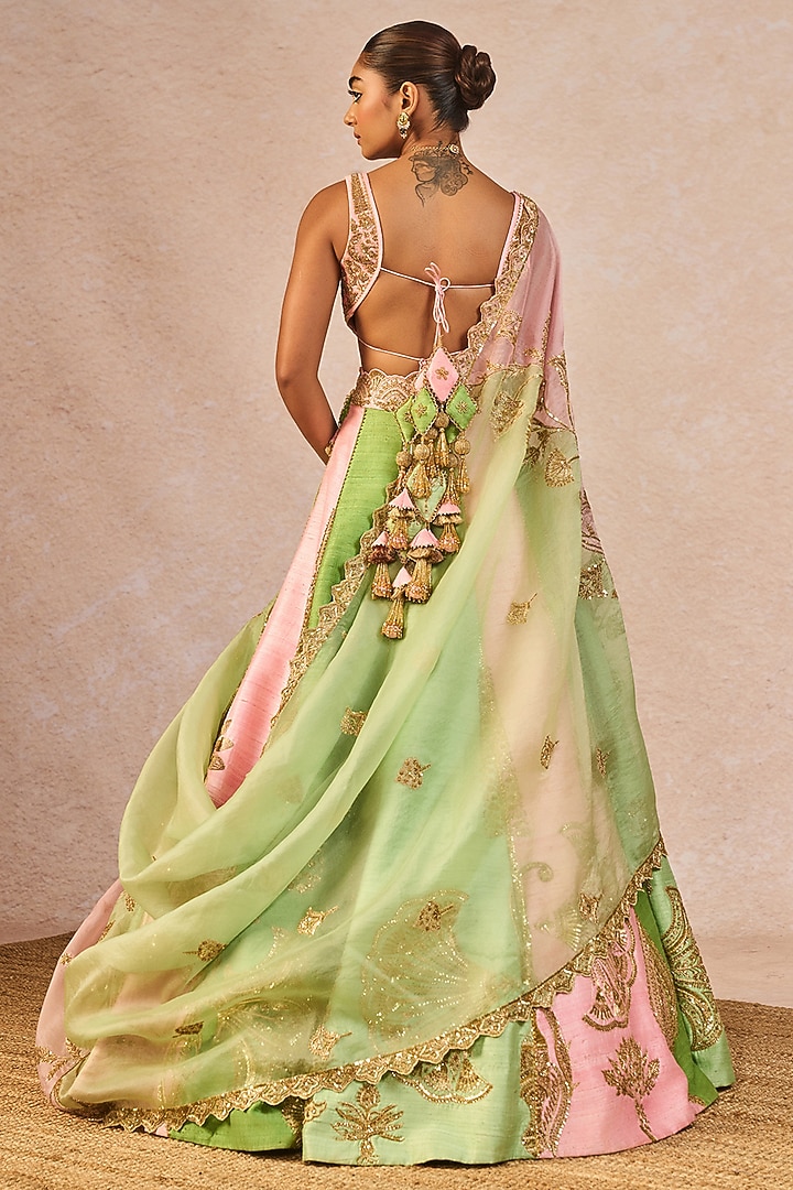 Pink & Green Raw Silk Paankh Bagh Motif Embroidered Bridal Lehenga Set by Masaba at Pernia's Pop Up Shop
