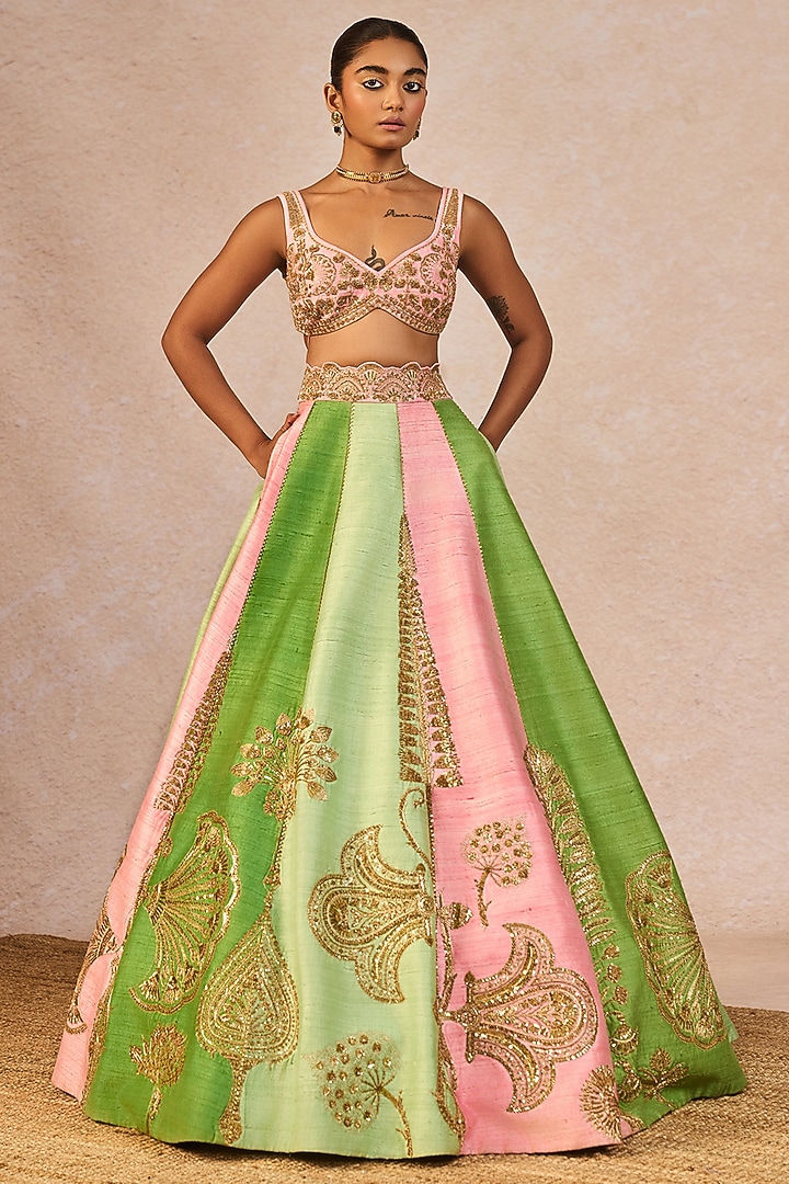 Pink & Green Raw Silk Paankh Bagh Motif Embroidered Bridal Lehenga Set by Masaba at Pernia's Pop Up Shop