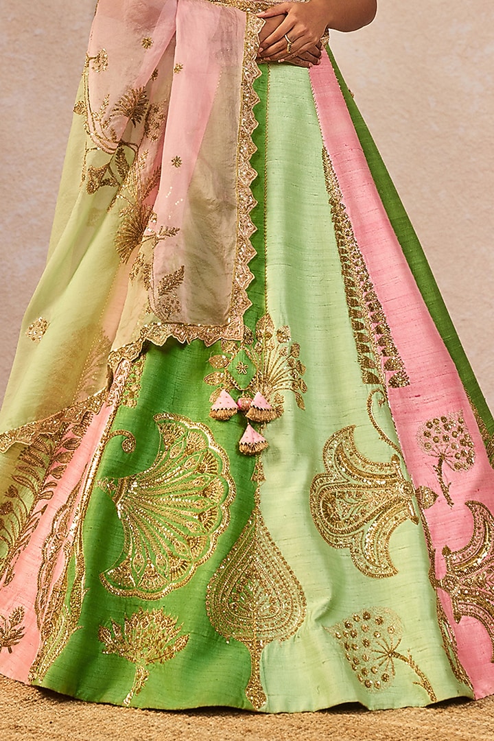 Pink & Green Raw Silk Paankh Bagh Motif Embroidered Bridal Lehenga Set by Masaba at Pernia's Pop Up Shop