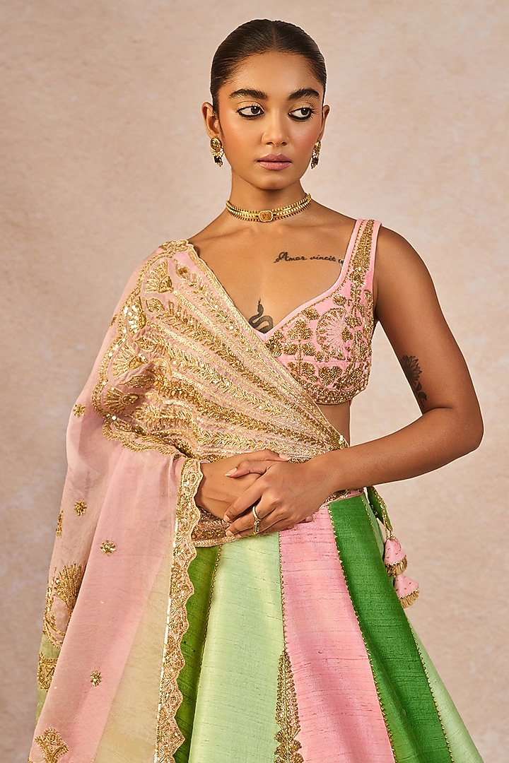Pink & Green Raw Silk Paankh Bagh Motif Embroidered Bridal Lehenga Set by Masaba at Pernia's Pop Up Shop