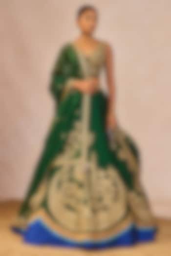 Bottle Green & Blue Raw Silk Gul Chaand Motif Embroidered Bridal Lehenga Set by Masaba at Pernia's Pop Up Shop