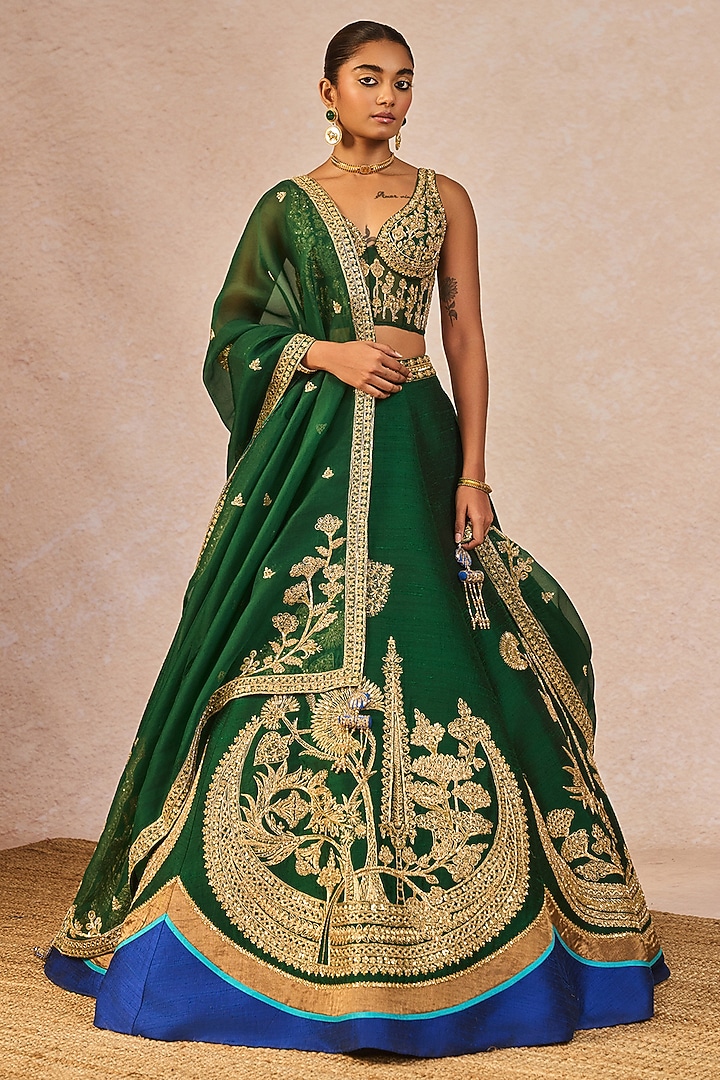 Bottle Green & Blue Raw Silk Gul Chaand Motif Embroidered Bridal Lehenga Set by Masaba at Pernia's Pop Up Shop