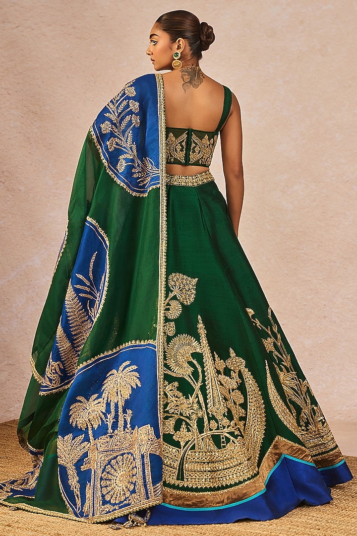 Bottle Green & Blue Raw Silk Gul Chaand Motif Embroidered Bridal Lehenga Set by Masaba at Pernia's Pop Up Shop