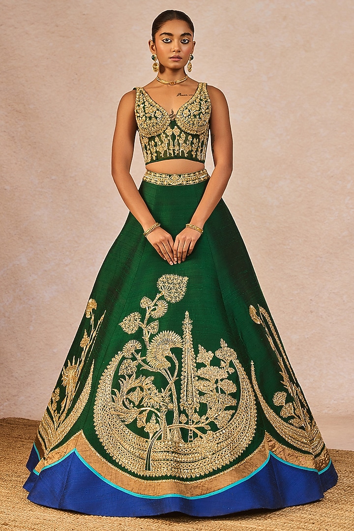 Bottle Green & Blue Raw Silk Gul Chaand Motif Embroidered Bridal Lehenga Set by Masaba at Pernia's Pop Up Shop