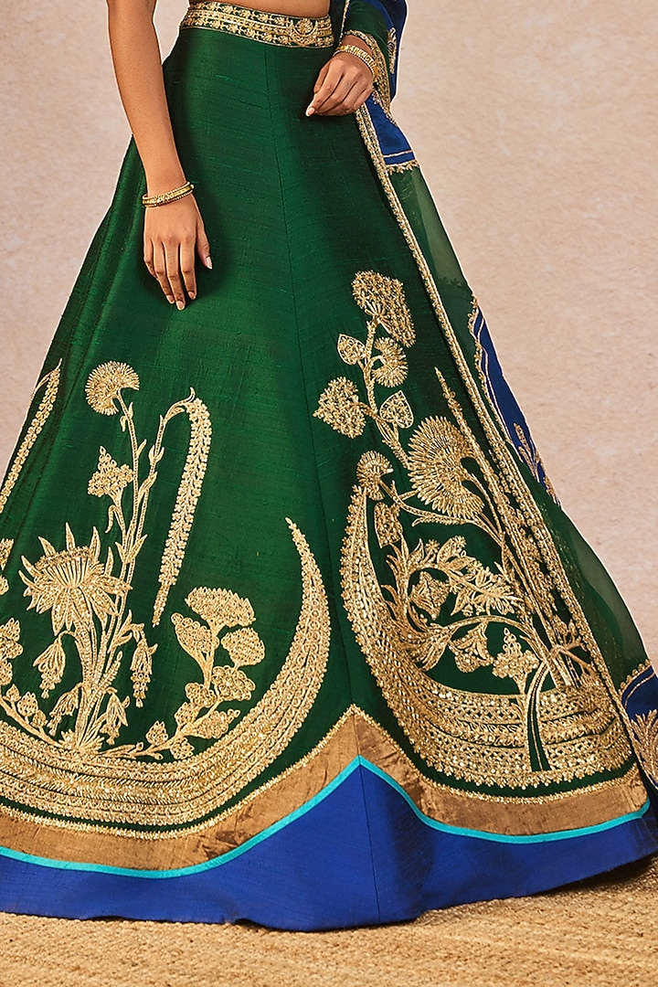 Bottle Green & Blue Raw Silk Gul Chaand Motif Embroidered Bridal Lehenga Set by Masaba at Pernia's Pop Up Shop