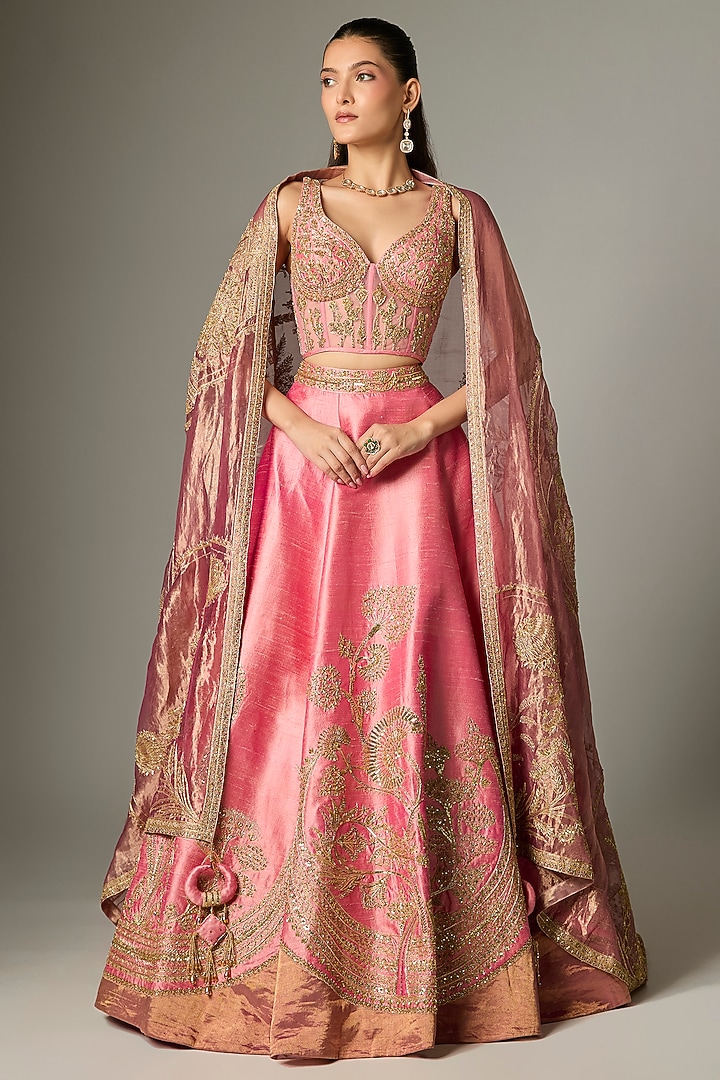 Baby Pink Raw Silk & Tissue Bridal Lehenga Set by Masaba at Pernia's Pop Up Shop