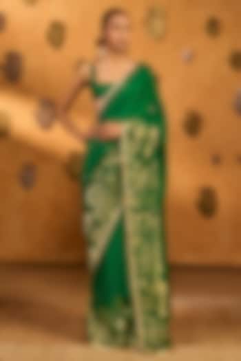 Green Jacquard Zari Party Wear Saree Set by Masaba at Pernia's Pop Up Shop
