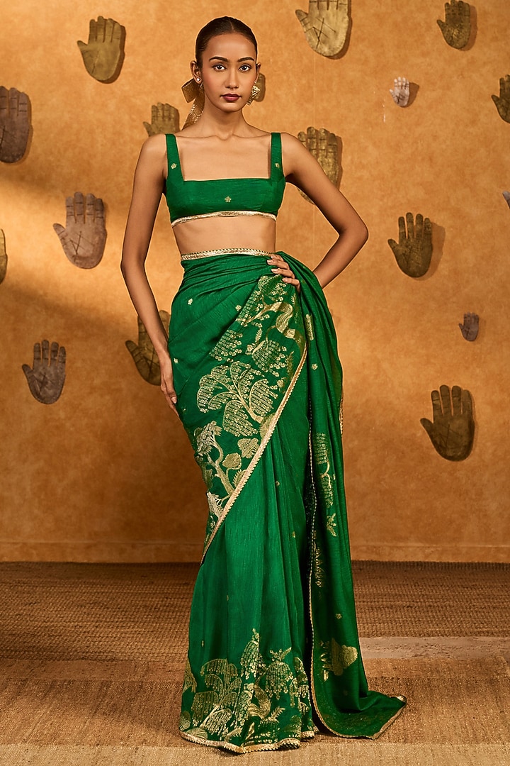 Green Jacquard Zari Party Wear Saree Set by Masaba at Pernia's Pop Up Shop