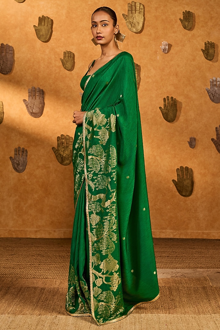 Green Jacquard Zari Party Wear Saree Set by Masaba at Pernia's Pop Up Shop