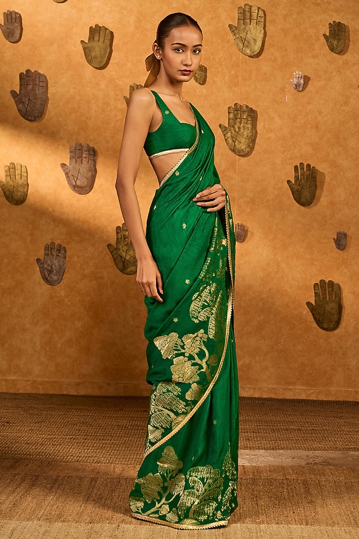 Green Jacquard Zari Party Wear Saree Set by Masaba at Pernia's Pop Up Shop