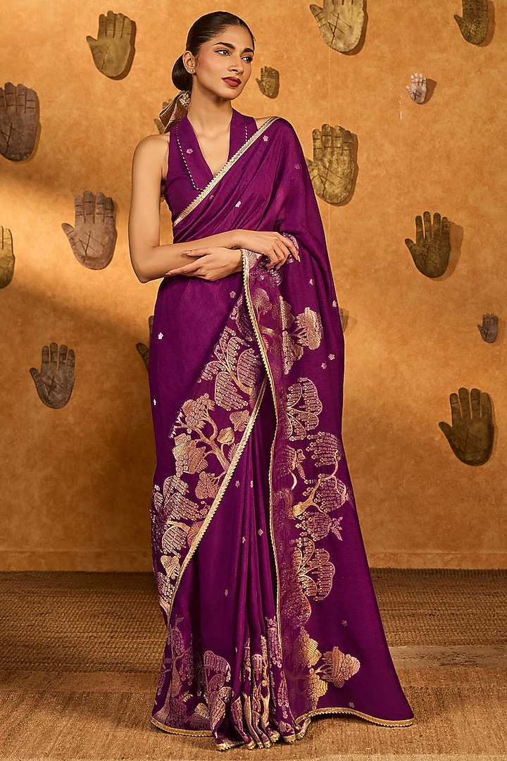 Berry Wine Jacquard Party Wear Saree Set by Masaba at Pernia's Pop Up Shop