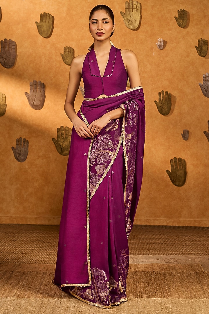 Berry Wine Jacquard Party Wear Saree Set by Masaba at Pernia's Pop Up Shop