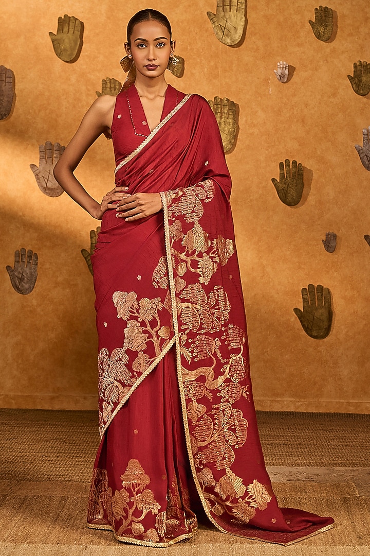 Red Jacquard Wedding Saree Set by Masaba at Pernia's Pop Up Shop
