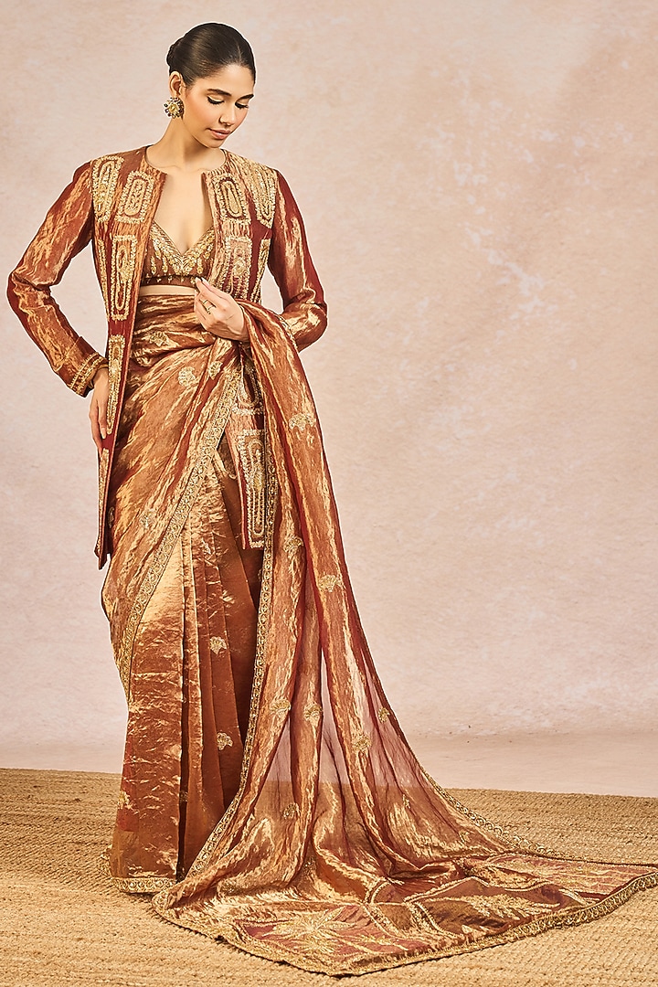 Rust Tissue Paankh Bagh Motif Embroidered Bridal Saree Set by Masaba at Pernia's Pop Up Shop