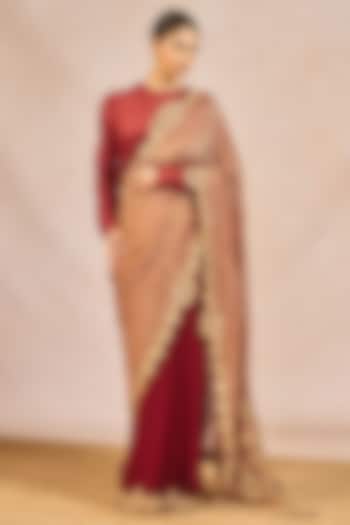 Maroon Georgette Blend Paankh Bagh Motif Embroidered Bridal Saree Set by Masaba at Pernia's Pop Up Shop