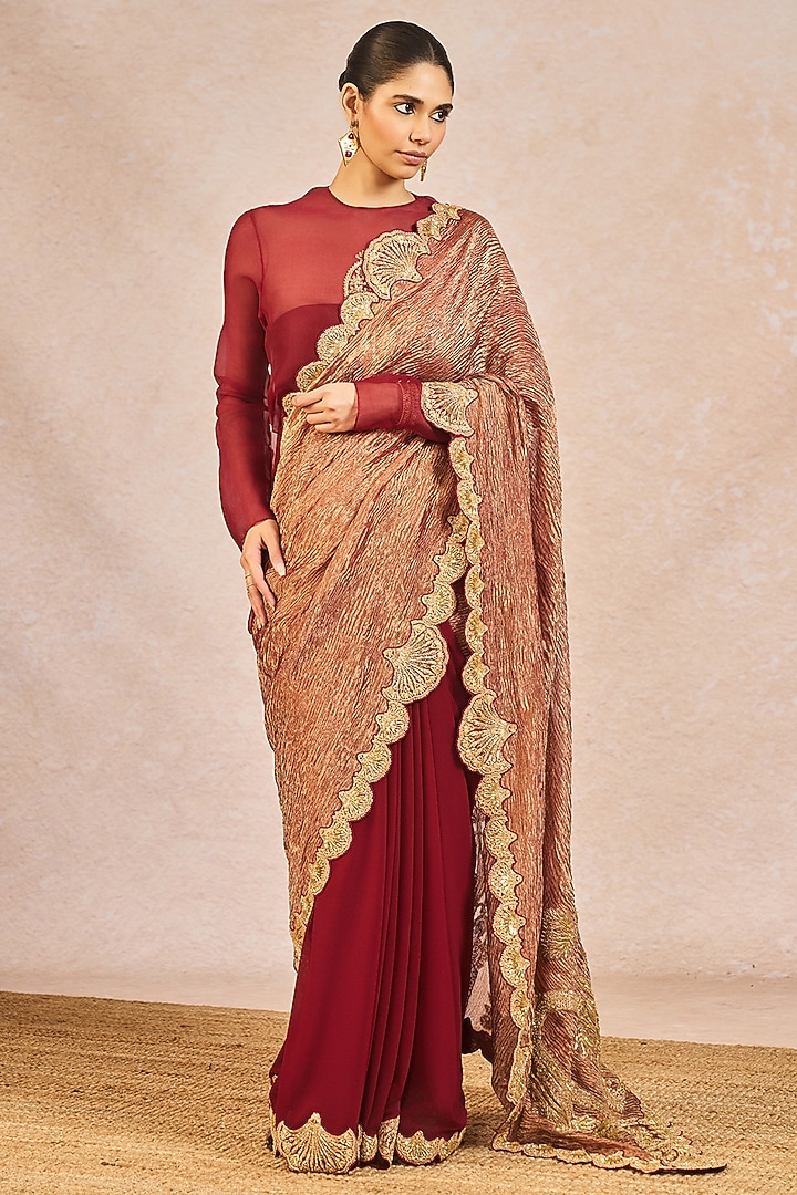 Maroon Georgette Blend Paankh Bagh Motif Embroidered Bridal Saree Set by Masaba at Pernia's Pop Up Shop