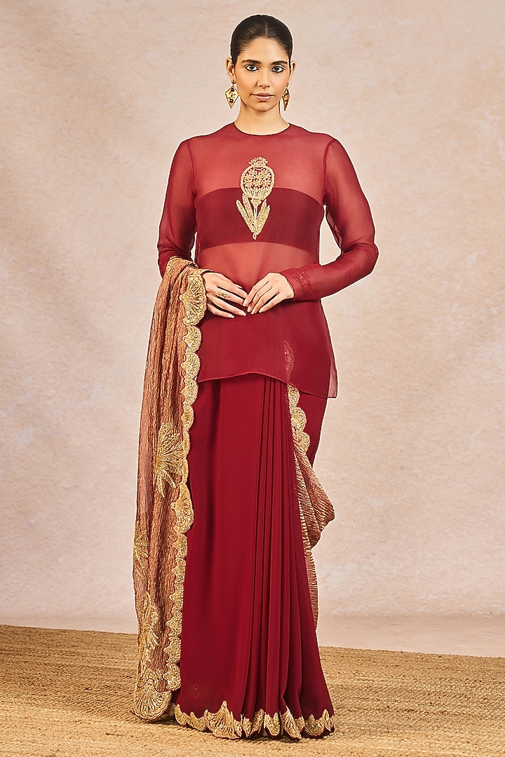 Maroon Georgette Blend Paankh Bagh Motif Embroidered Bridal Saree Set by Masaba at Pernia's Pop Up Shop