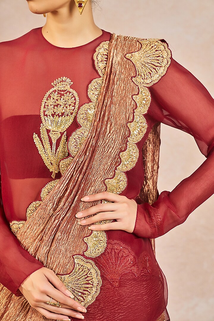 Maroon Georgette Blend Paankh Bagh Motif Embroidered Bridal Saree Set by Masaba at Pernia's Pop Up Shop