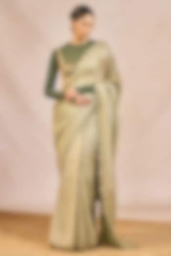 Sage Green Chiffon Tissue Paankh Bagh Motif Embroidered Reception Saree Set by Masaba at Pernia's Pop Up Shop
