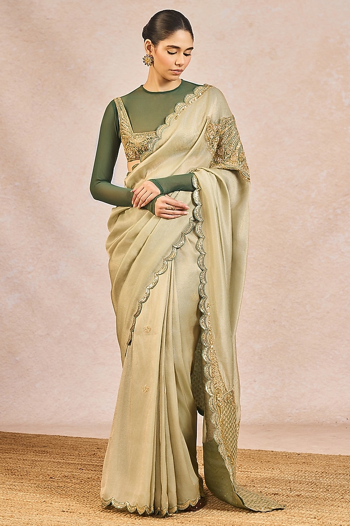 Sage Green Chiffon Tissue Paankh Bagh Motif Embroidered Reception Saree Set by Masaba at Pernia's Pop Up Shop