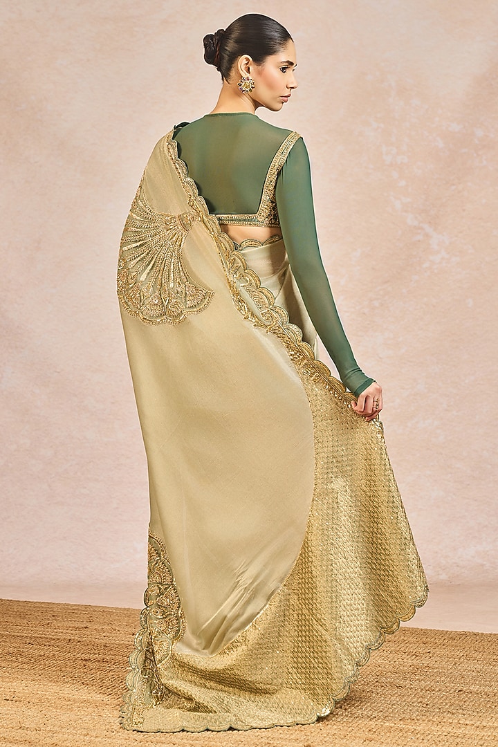 Sage Green Chiffon Tissue Paankh Bagh Motif Embroidered Reception Saree Set by Masaba at Pernia's Pop Up Shop