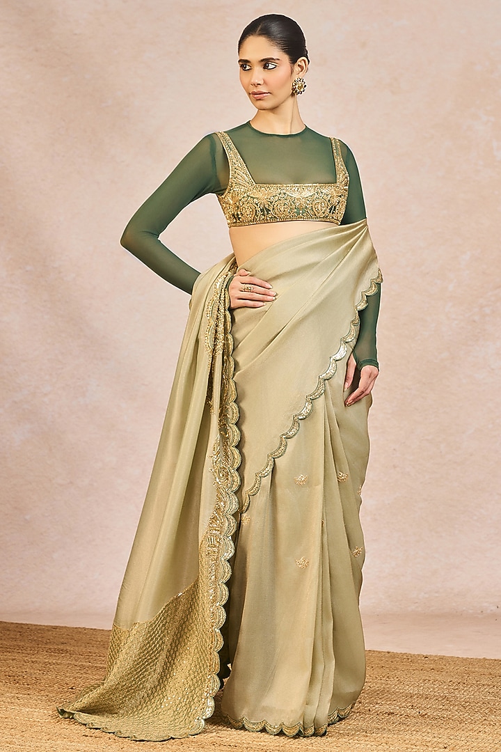 Sage Green Chiffon Tissue Paankh Bagh Motif Embroidered Reception Saree Set by Masaba at Pernia's Pop Up Shop