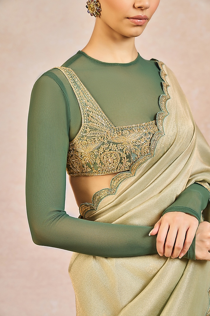 Sage Green Chiffon Tissue Paankh Bagh Motif Embroidered Reception Saree Set by Masaba at Pernia's Pop Up Shop