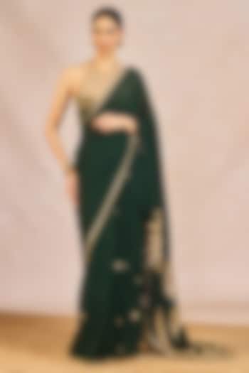 Green Georgette Blend Chaand Kashti Motif Embroidered Bridal Saree Set by Masaba at Pernia's Pop Up Shop