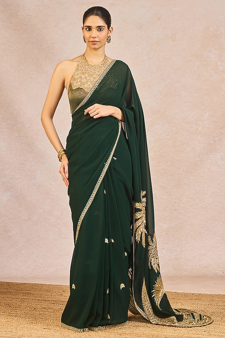Green Georgette Blend Chaand Kashti Motif Embroidered Bridal Saree Set by Masaba at Pernia's Pop Up Shop