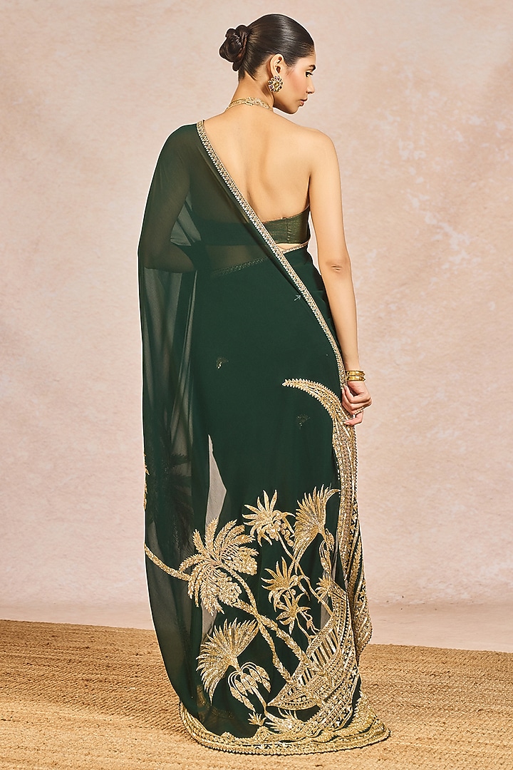 Green Georgette Blend Chaand Kashti Motif Embroidered Bridal Saree Set by Masaba at Pernia's Pop Up Shop