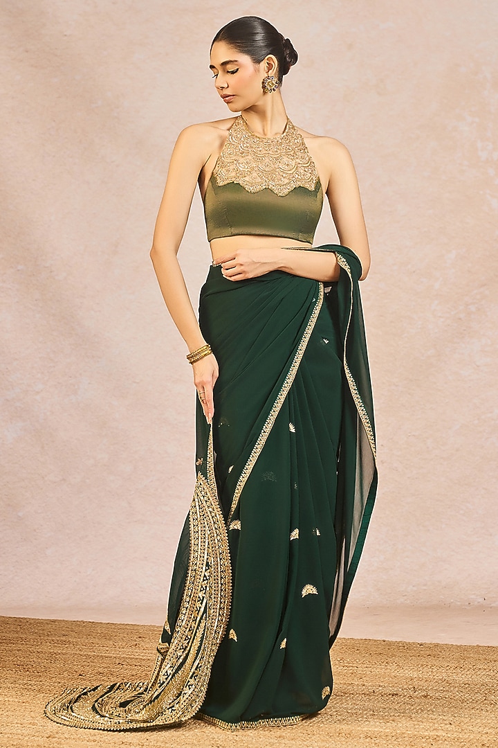 Green Georgette Blend Chaand Kashti Motif Embroidered Bridal Saree Set by Masaba at Pernia's Pop Up Shop