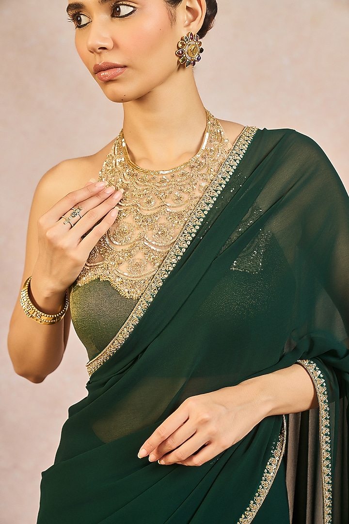 Green Georgette Blend Chaand Kashti Motif Embroidered Bridal Saree Set by Masaba at Pernia's Pop Up Shop