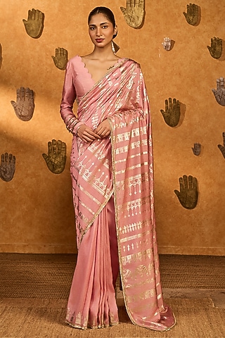 Champagne Pink Raw Silk Gold Foil Printed Saree Set by Masaba