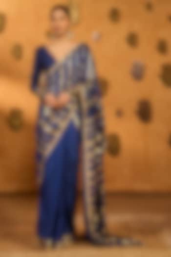 Sapphire Blue Raw Silk Gold Foil Printed Wedding Saree Set by Masaba at Pernia's Pop Up Shop