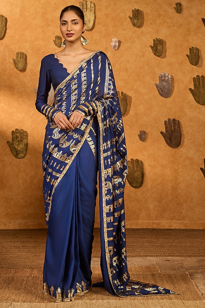 Sapphire Blue Raw Silk Gold Foil Printed Wedding Saree Set by Masaba at Pernia's Pop Up Shop