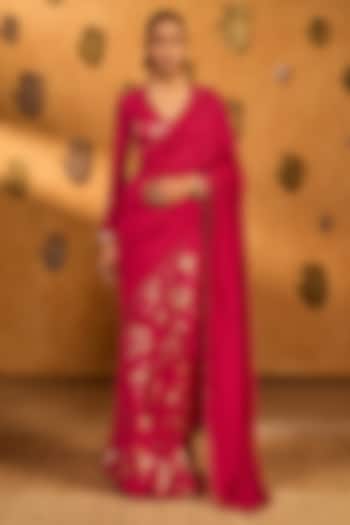 Pink Raw Silk Foil Printed Party Wear Saree Set by Masaba at Pernia's Pop Up Shop