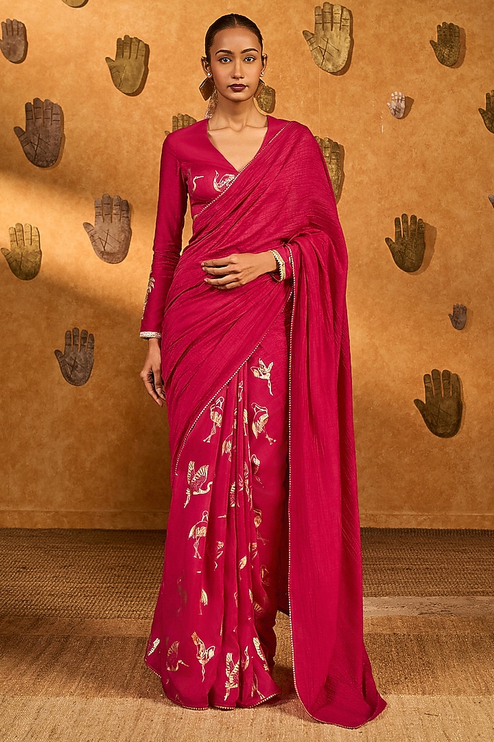 Pink Raw Silk Foil Printed Party Wear Saree Set by Masaba at Pernia's Pop Up Shop