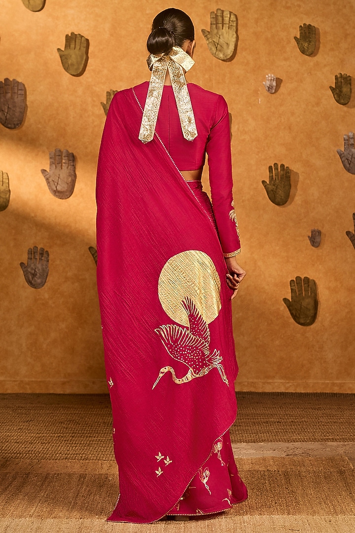 Pink Raw Silk Foil Printed Party Wear Saree Set by Masaba at Pernia's Pop Up Shop