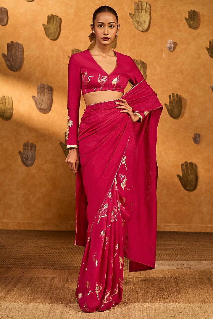Pink Raw Silk Foil Printed Party Wear Saree Set by Masaba at Pernia's Pop Up Shop
