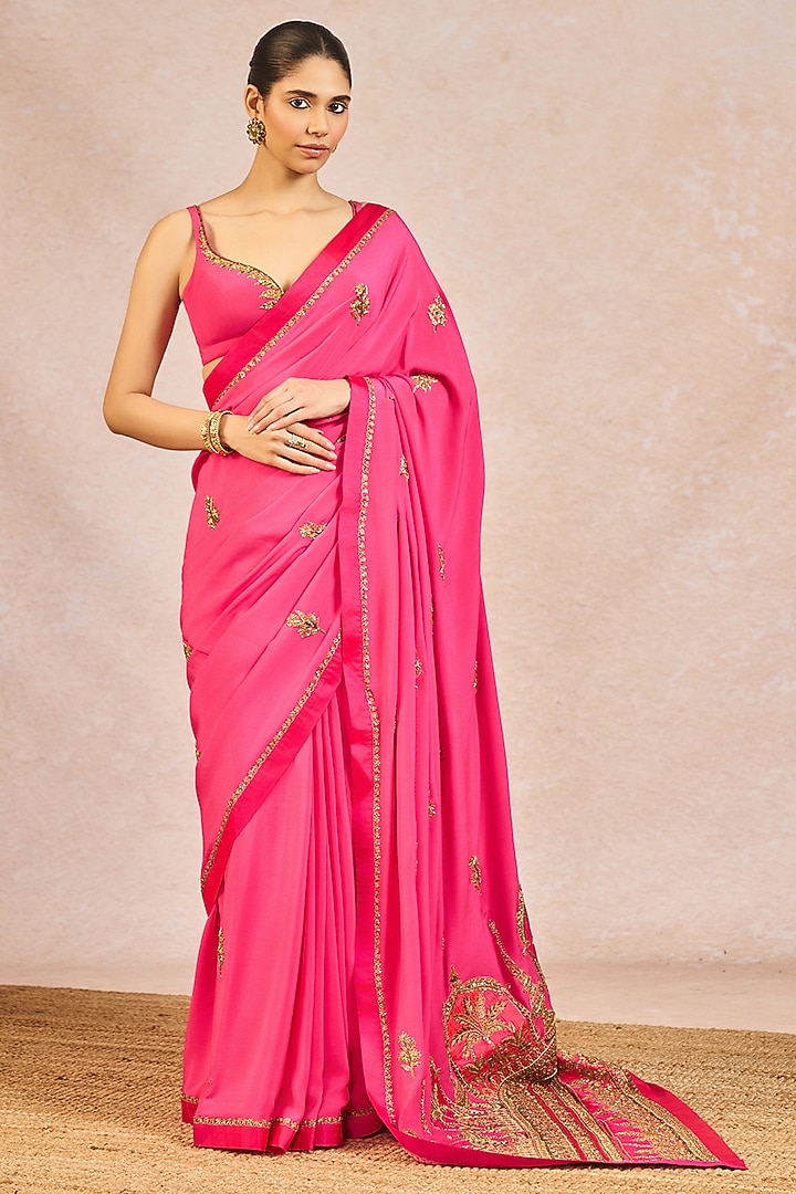 Hot Pink Pure Crepe Floral Boota Embroidered Bridal Saree Set by Masaba at Pernia's Pop Up Shop