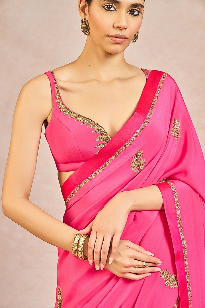 Hot Pink Pure Crepe Floral Boota Embroidered Bridal Saree Set by Masaba at Pernia's Pop Up Shop
