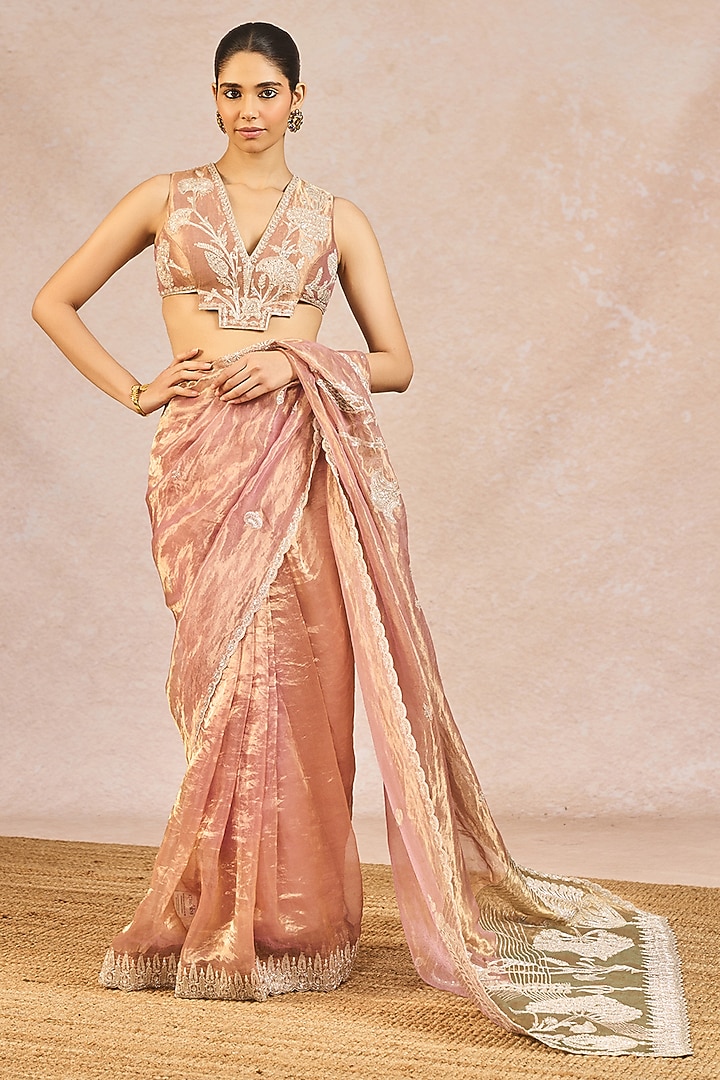 Pink & Green Tissue Paankh Bagh Motif Embroidered Bridal Saree Set by Masaba at Pernia's Pop Up Shop