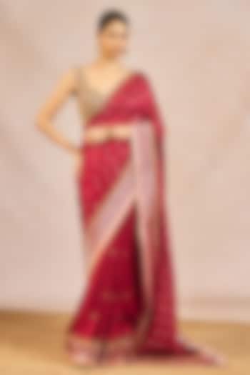 Cranberry Red Dupion Kolar Mocha Motif Embroidered Reception Saree Set by Masaba at Pernia's Pop Up Shop