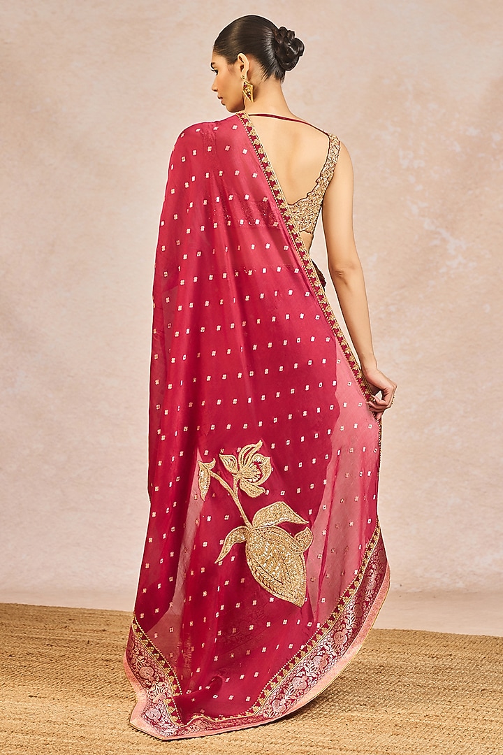 Cranberry Red Dupion Kolar Mocha Motif Embroidered Reception Saree Set by Masaba at Pernia's Pop Up Shop
