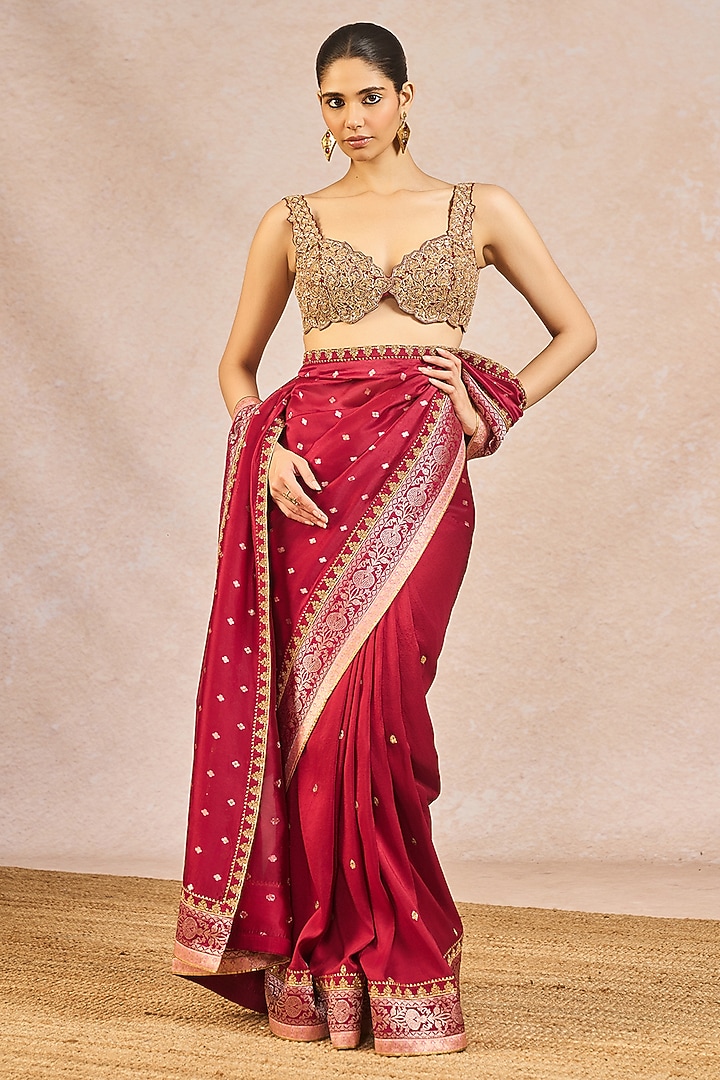 Cranberry Red Dupion Kolar Mocha Motif Embroidered Reception Saree Set by Masaba at Pernia's Pop Up Shop