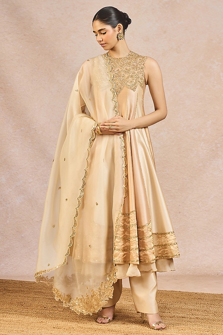 Ivory & Beige Silk Hand Embroidered Bridal Anarkali Set by Masaba at Pernia's Pop Up Shop