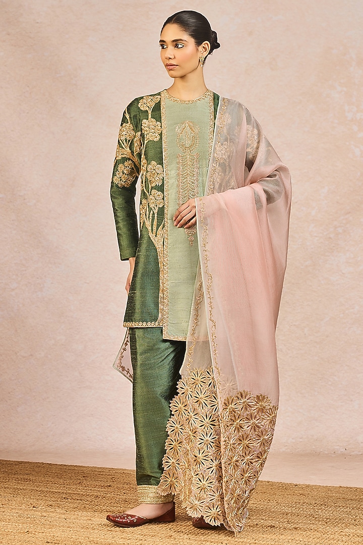 Deep Green Raw Silk Kashmiri Kali Motif Embroidered Kurta Set by Masaba at Pernia's Pop Up Shop