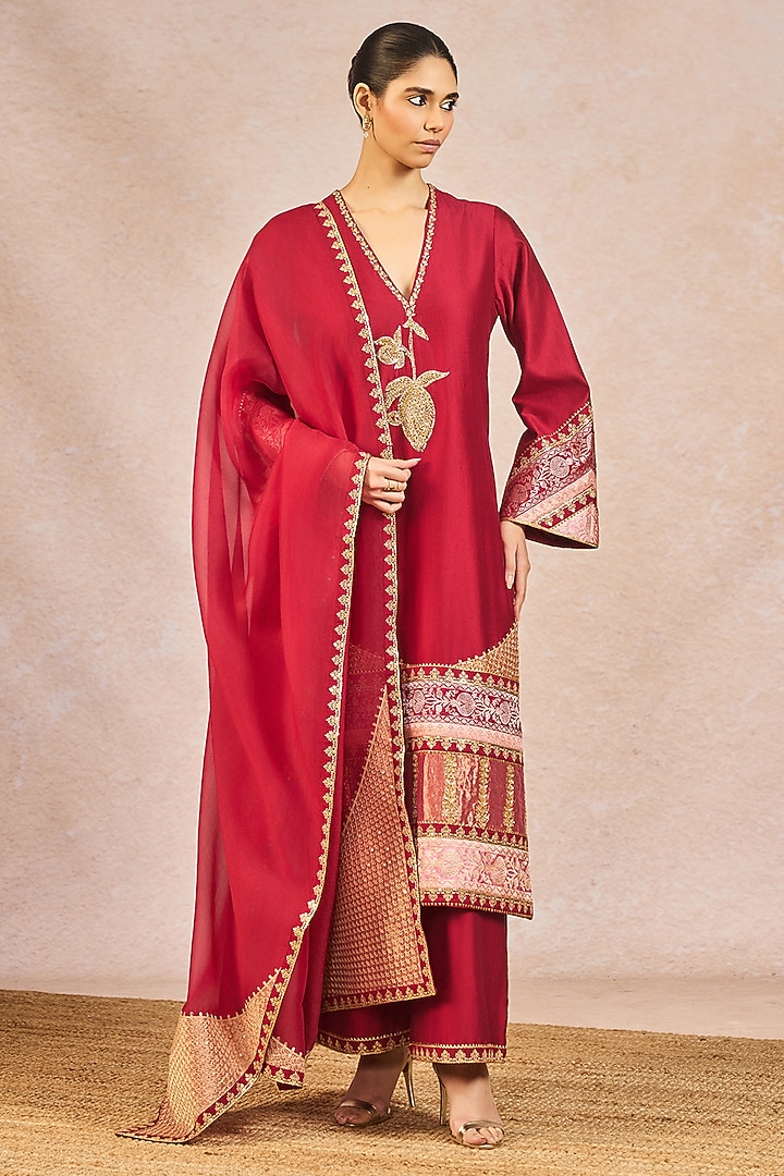 Cranberry Red Silk Kolar Mocha Motif Embroidered Kurta Set by Masaba at Pernia's Pop Up Shop