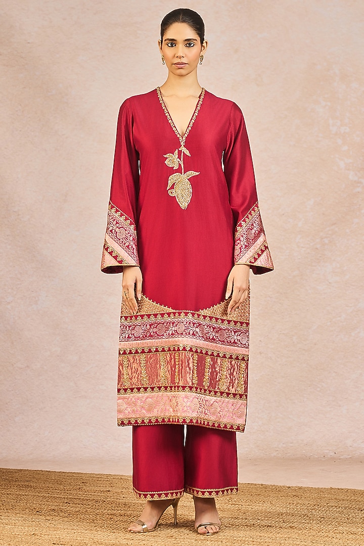 Cranberry Red Silk Kolar Mocha Motif Embroidered Kurta Set by Masaba at Pernia's Pop Up Shop